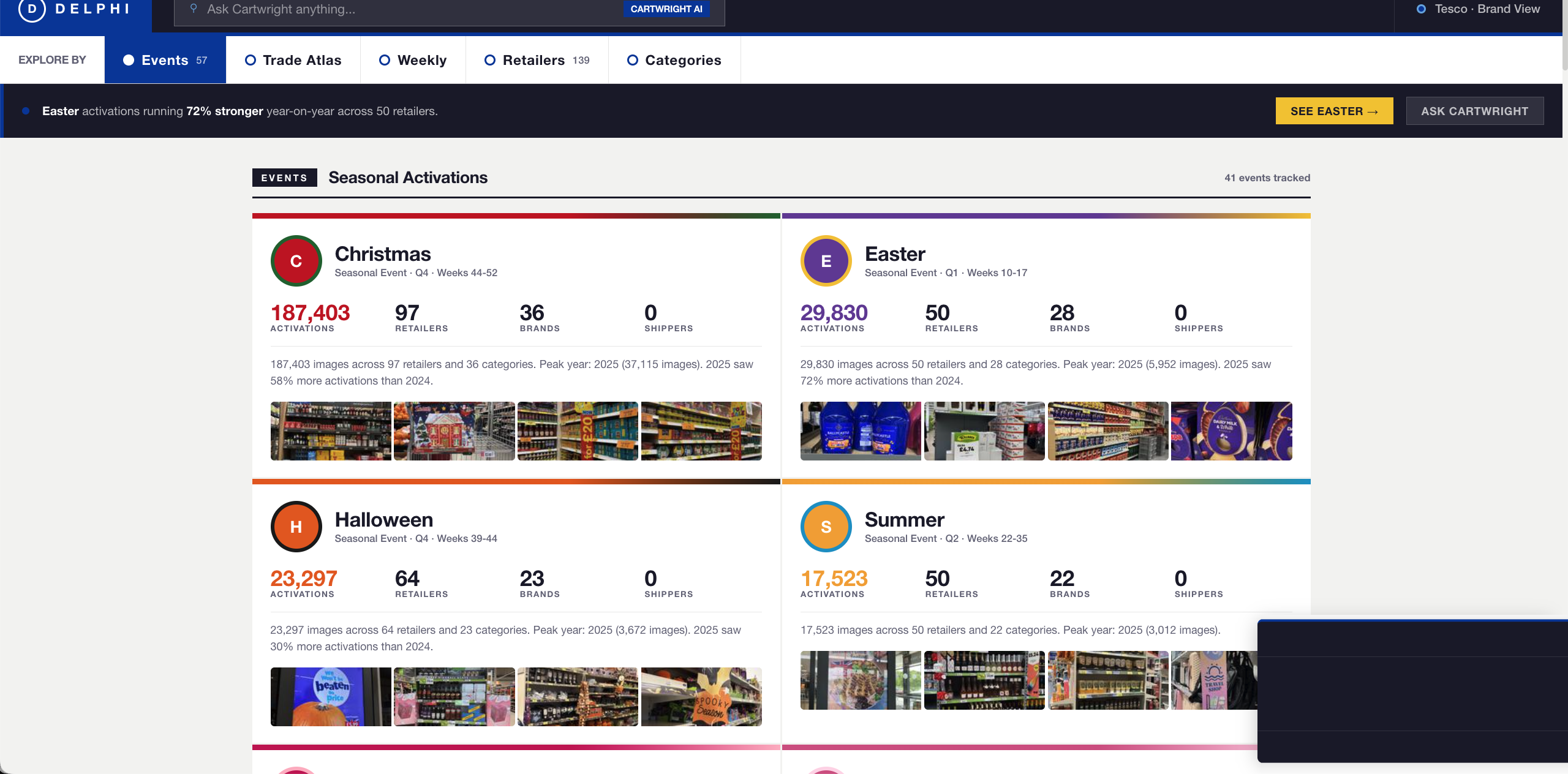 Delphi Events view showing 57 seasonal events with Christmas, Easter, Halloween, and Summer activation cards